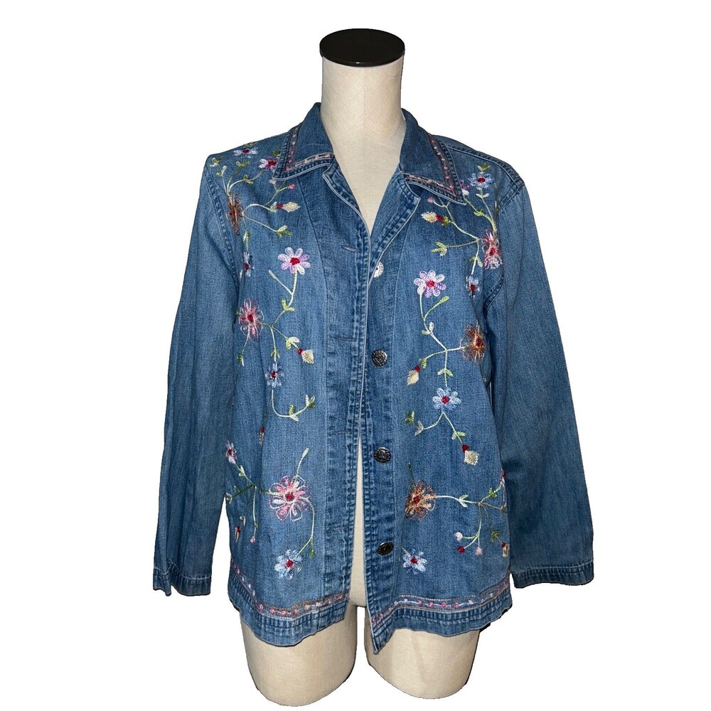 Bobbie Brooks Women's Vintage Embroidered Denim Shirt Jacket size S Cottagecore